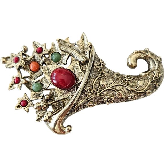 1928 Brand Autumn Leaves Fall Cornucopia Brooch Lucite Cabochon Pin, J38 - Picture 2 of 7